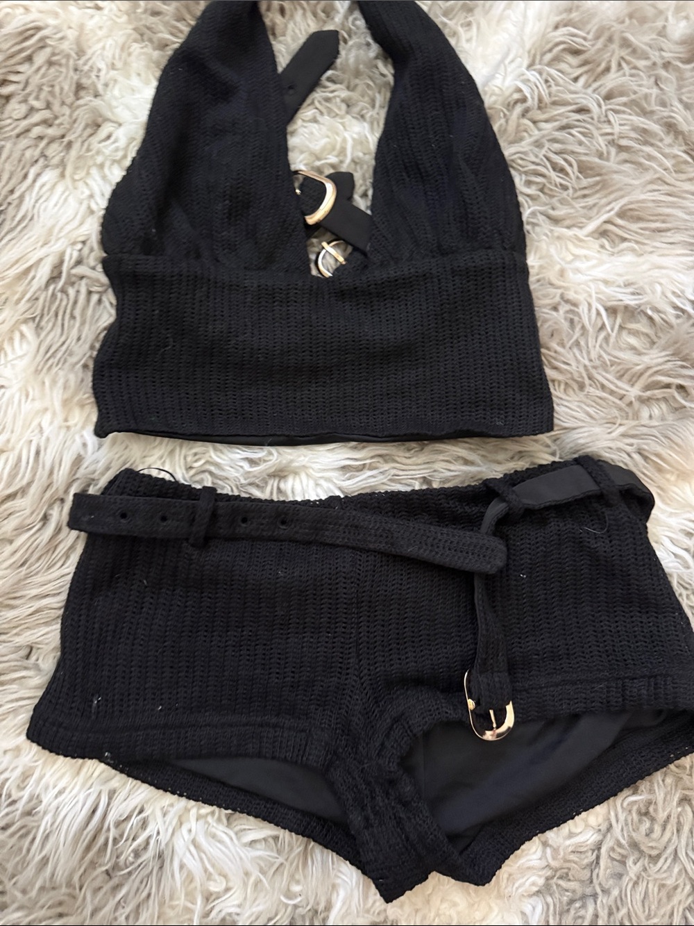 Sasha Therese Black Knit Two-Piece Halter Top & High-Waist Shorts Set
